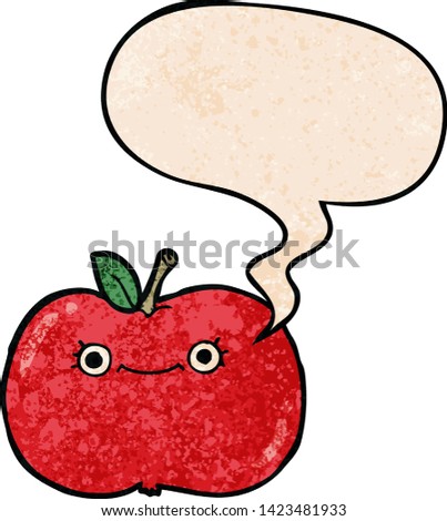 cute cartoon apple with speech bubble in retro texture style
