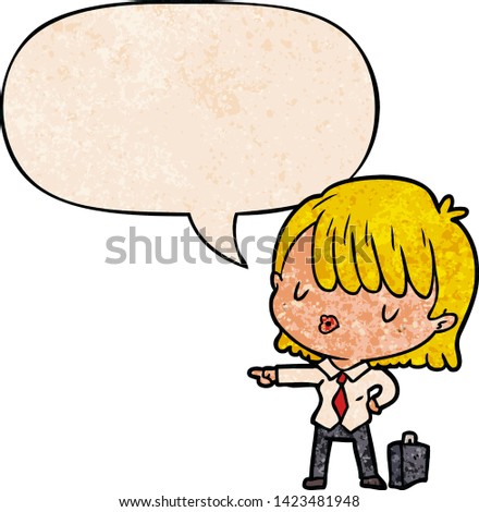 cartoon efficient businesswoman giving orders with speech bubble in retro texture style