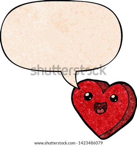 heart cartoon character with speech bubble in retro texture style