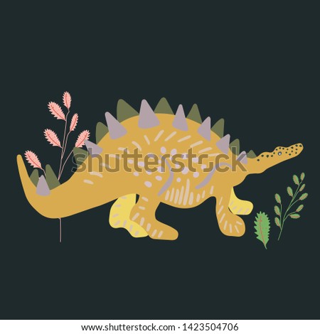 Stegosaurus hand illustration on black background. Cartoon characters isolated design element. T-shirt, poster, vector, greeting card vector design. Vector