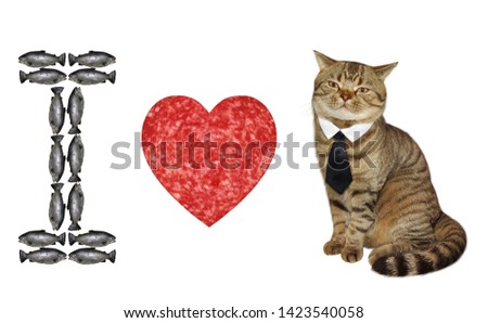 The cat in a black tie is sitting near a heart shaped sausage and the letter 'I' is made from small fishes. White background. Isolated.