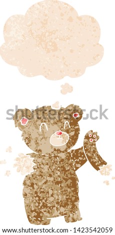 cartoon teddy bear with torn arm with thought bubble in grunge distressed retro textured style