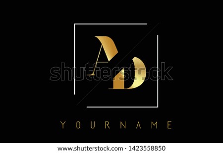 AD Golden Letter Logo with Cutted and Intersected Design and Square Frame Vector Illustration