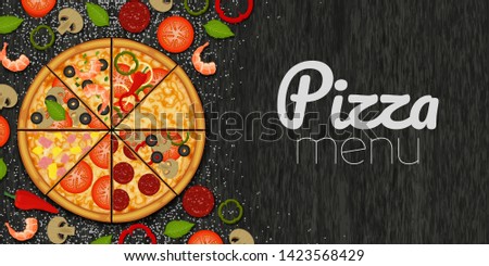 Pizza and ingredients for pizza and flour on wood black background. Pizza menu. Object for packaging, advertisements, menu. Vector illustration. Realistic.