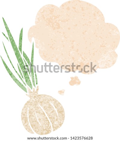 cartoon garlic with thought bubble in grunge distressed retro textured style