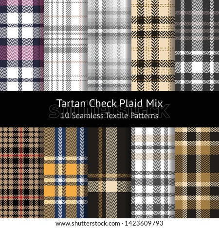 Tartan pattern set. Seamless check plaid in dark blue, pink, white, grey, gold, brown, yellow, and beige.  Herringbone, glen, and hounds tooth stripe texture. Pattern swatches included.
