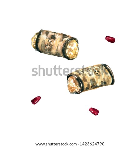 Eggplant rolls with cheese and garlic. Pomegranate. Georgian food. Hand drawn watercolor illustration. Isolated on white background.