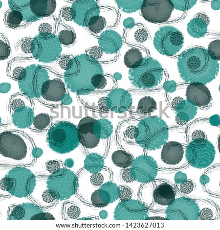 Seamless pattern of lines and spots. Turquoise, gray spots and gray squiggles on a white background.