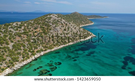Aerial photo from Kinosoura peninsula, natural Park and wetland of Shoinias with rare Pine trees and turquoise clear waters, Marathon, Attica, Greece