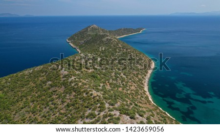 Aerial photo from Kinosoura peninsula, natural Park and wetland of Shoinias with rare Pine trees and turquoise clear waters, Marathon, Attica, Greece