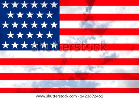 beautiful USA national flag on soft silk with soft folds, close-up, copy space on the translucent blue sky background