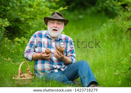 Grandfather with basket of mushrooms and a surprised facial expression. Mushrooming in forest, Grandfather hunting mushrooms over summer forest background