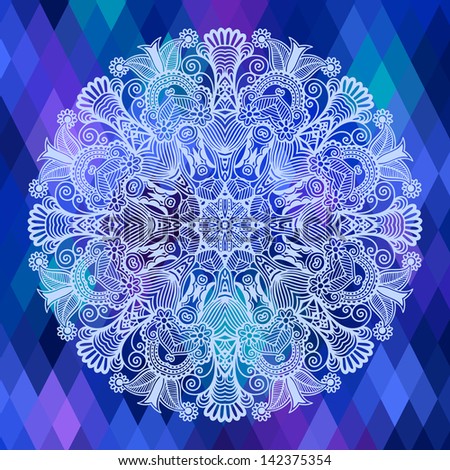 square geometric composition with ethnic flower circle design, color pattern background