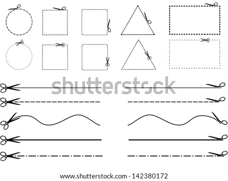 Set of scissors cutting shapes and lines illustrated on white background