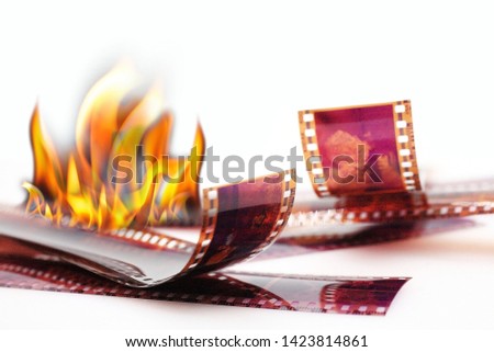 deleted memory of camera film 35mm have fire burn on white background