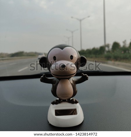 Monkey on Car Dashboard and view of the road through windshield