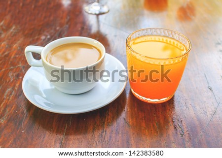 Morning coffee and orange juice close up shoot.
