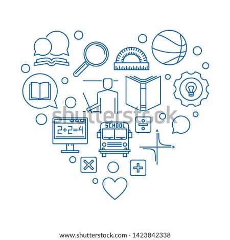 Blue School icons in Heart shape. Vector outline Education concept illustration