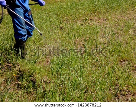 Farmer sprays glyphosate herbicide against couch grass using a knapsack sprayer  Royalty-Free Stock Photo #1423878212