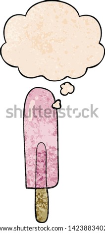 cartoon ice lolly with thought bubble in grunge texture style