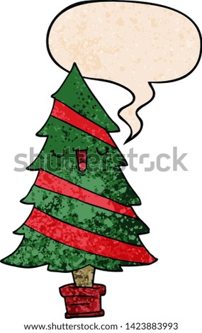 cartoon christmas tree with speech bubble in retro texture style