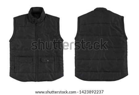Blank plain vest jacket parachute black color front and back view isolated on white background, ready for your mock up design project or presentation Royalty-Free Stock Photo #1423892237