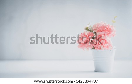 Small flowers put in a white aluminum tank White cement background.The edge of the picture put a black shadow.