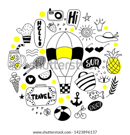Set of summer doodle(watermelon, balloon, anchor, bike, camera, pineapple) on white background. Vector illustration. 