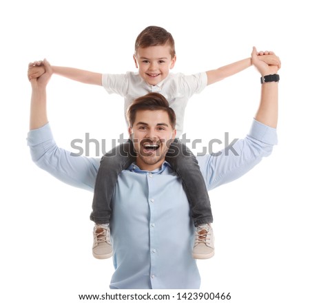 Portrait of dad playing with his son isolated on white Royalty-Free Stock Photo #1423900466