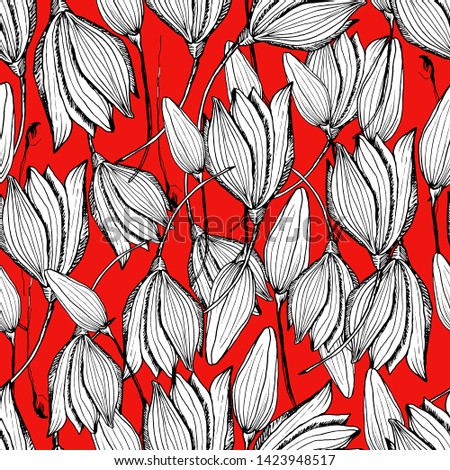 Summer seamless pattern with lilies, summer flowers. manual graphics. Botanical flower, ink, floral pattern for textile decor and design, patterns. Botanical summer illustration. stock graphics