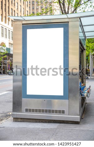 Vertical blank white billboard mockup for advertising, Bus stop at New York city buildings and street background