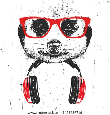 Portrait of Meerkat with glasses and headphones. Hand-drawn illustration. T-shirt design. Vector