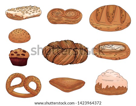 Set of elements with hand drawn bakery products isolate on a white background. Vector icons in sketch style. Hand drawn isolated objects