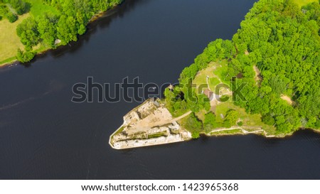 Aerial view of an old stone castle ruins in Koknese, Latvia. Summer  2019. 