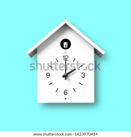 Isolated white object, Vintage wall clock with birdhouse style decorated on gold wooden pattern wall background - clipping path
