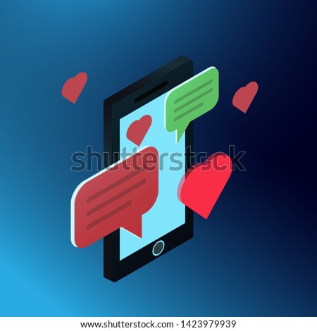 Isometric chat concept. Love chat. Romantic chat concept. Isometric phone with bubble and heart. Illustration