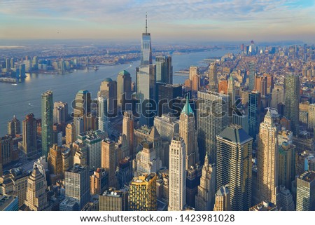 Aerial of the Manhattan financial district with modern office towers in New York City                      
