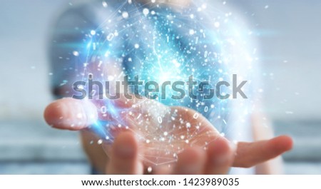 Businessman on blurred background creating renewable and sustainable eco energy with electrical sphere 3D rendering