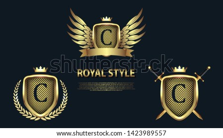 Set of modern heraldic shields with crowns and initial letter Z isolated on black background. 3D letter monogram different shapes in golden style. Design elements for logo, label, emblem, sign, icon.