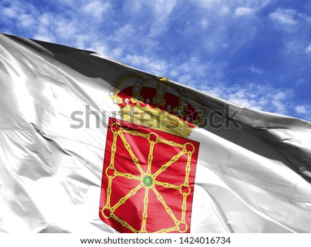 waving flag of Navarra coat of arms close up against blue sky