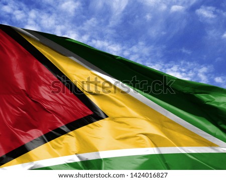 waving flag of Guyana close up against blue sky