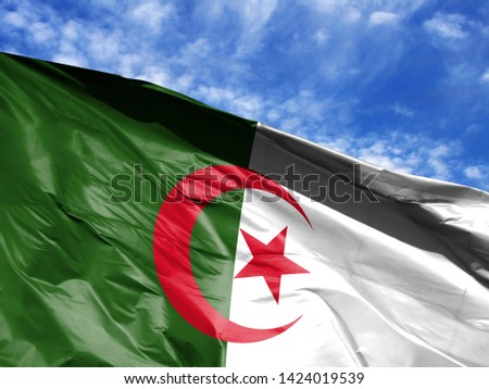 waving flag of Algeria close up against blue sky