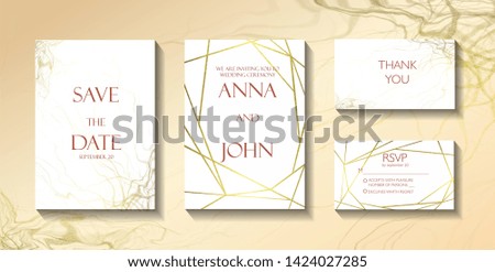 Set of wedding cards, invitatoin, RSVP and Thank You card. Gold, white, marble,  stone, granite texture. Trendy minimalistic fluid wave style. Vector poster, cover
