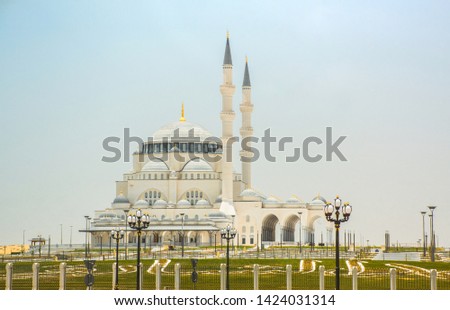 Sharjah New Mosque second biggest mosque United Arab Emirates beautiful traditional Islamic architecture new tourist attraction in Middle east Royalty-Free Stock Photo #1424031314