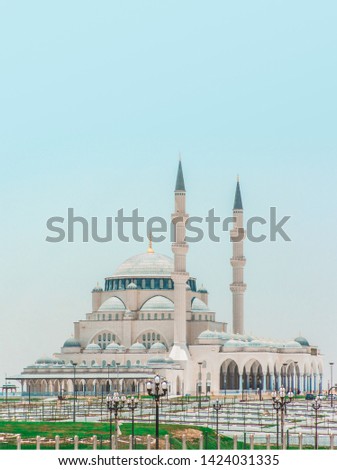 Sharjah Mosque second biggest mosque United Arab Emirates beautiful traditional Islamic architecture new tourist attraction in Middle east Royalty-Free Stock Photo #1424031335