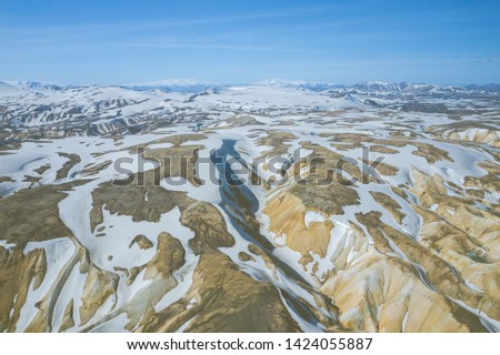 Landmannalaugar National Park - Iceland. Rainbow Mountains. Aerial view of beautiful colorful volcanic mountains. Top view. Picture made by drone from above.