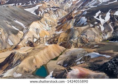 Landmannalaugar National Park - Iceland. Rainbow Mountains. Aerial view of beautiful colorful volcanic mountains. Top view. Picture made by drone from above.