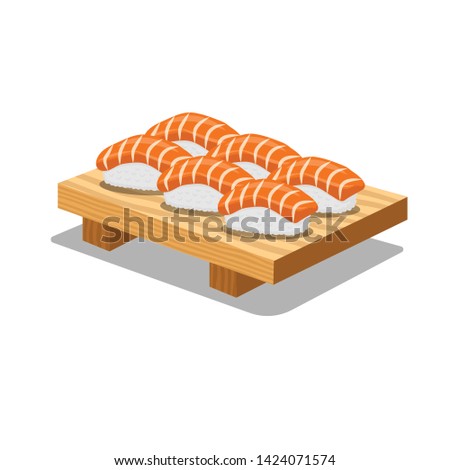 Traditional fresh japanese sushi, raw salmon rice ball served on wooden plate isolated white background. Concept design menu or signboard template for japanese restaurant and cafe. Vector illustration