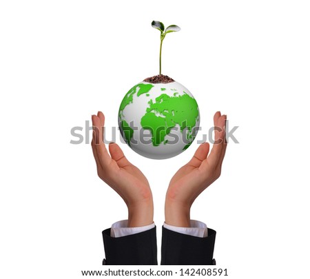  The young sprout grown on Earth , hands, on white background