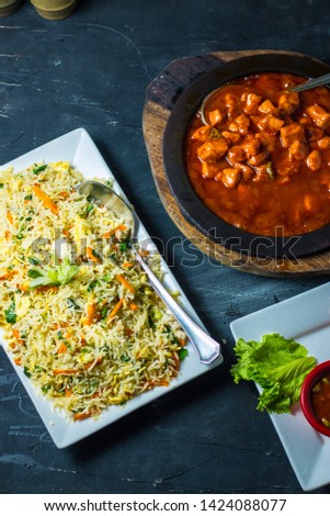 Stock photo of Egg fried rice with Manchurian